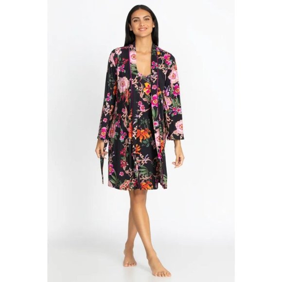 Johnny Was Pocca Sleep Robe Home Lounge Sleepwear Black Floral Long Sleeve New